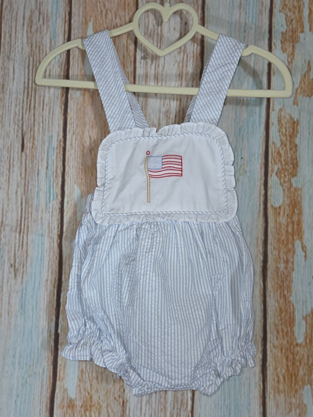 Little English Seersucker Romper 12M Cotton Sleeveless Embroidered Flag